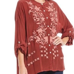 Karyn Seo Helena Floral Embroidered Button- Up Slouchy Blouse
